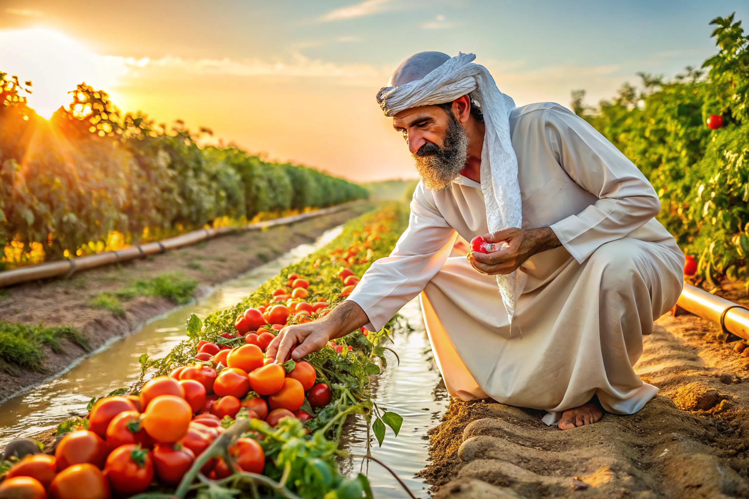 A farmer in traditional Middle Eastern attire harvesting ripe tomatoes in a sun-drenched field, with drip irrigation systems visible in the background