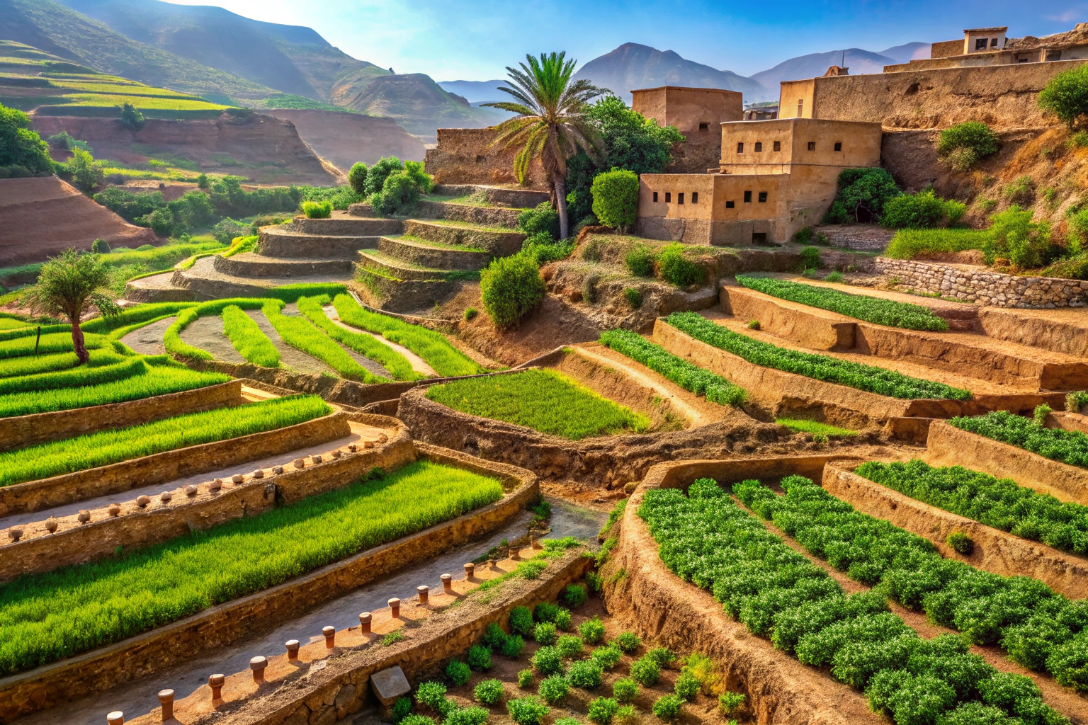 Ein Bild einer organischen Farm in einer arabischen Region, mit terrassierten Feldern, die mit verschiedenen Gemüsesorten bepflanzt sind, und einem traditionellen Bewässerungssystem, das Wasser sparsam nutzt, ohne erkennbare Markierungen oder Text