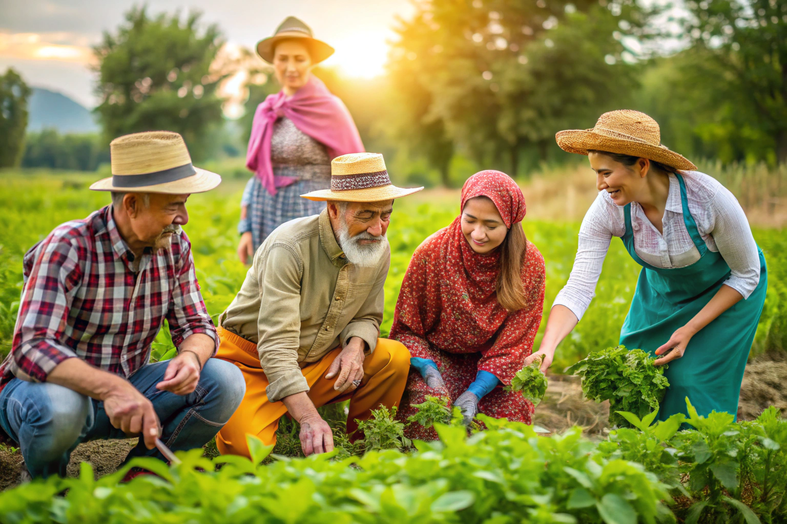 Eine Gruppe von Bauern in traditioneller Kleidung, die gemeinsam auf einem nachhaltig bewirtschafteten Feld arbeiten, umgeben von grünen Pflanzen und einem harmonischen Miteinander, ohne erkennbare Symbole oder Text