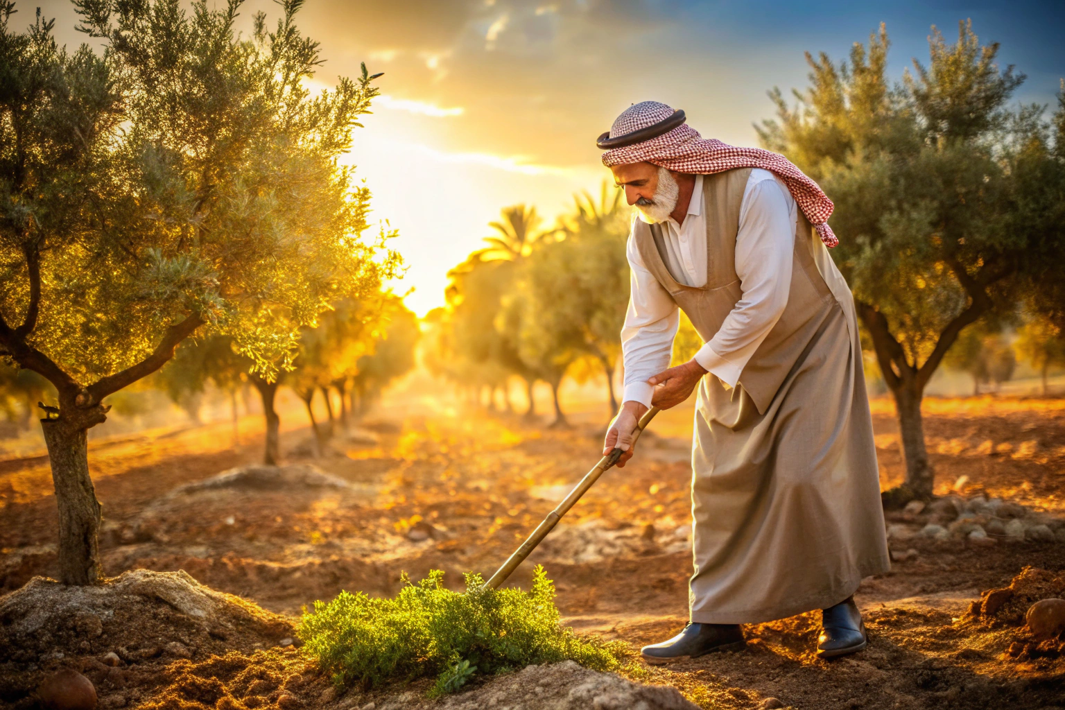 Ein arabischer muslimischer Landwirt in traditioneller Kleidung, der Olivenbäume auf einem sonnenbeschienenen Feld pflegt, mit Werkzeugen zur nachhaltigen Bewässerung im Hintergrund, keine erkennbaren Symbole oder Texte