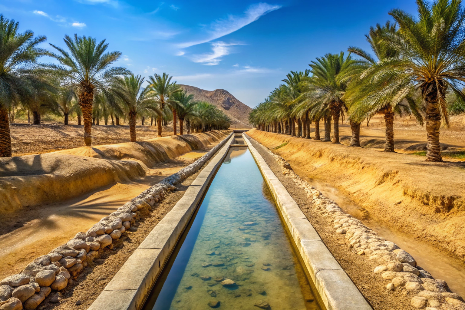 Traditionelle arabische Bewässerungskanäle in einer Wüstenlandschaft, die sich mit modernen Tropfsystemen verbinden, ohne erkennbare Symbole oder Text
