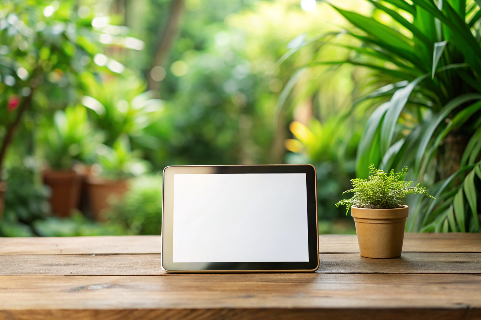 Ein neutrales Bild eines leeren Kontaktformulars auf einem Tablet, das auf einem Holztisch in einer natürlichen Umgebung mit Pflanzen im Hintergrund liegt, ohne erkennbare Symbole oder Text